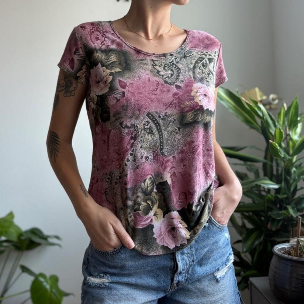 Susan Lawrence Vintage Rose Paisley Print Scoop Neck Top Pink Olive Large USA